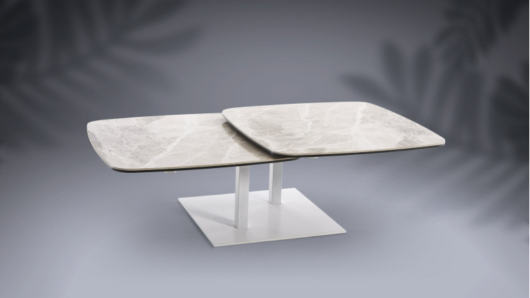 Table basse ORBITAL - Deux plateau en céramique aspect marbre à déplacer d'une simple rotation. Plusieurs coloris