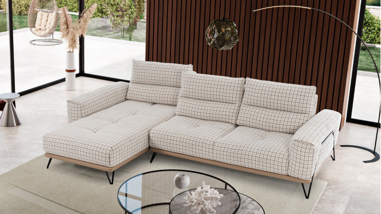 Canapé d'angle chaise longue en tissu italien exclusif au motif pied de poule