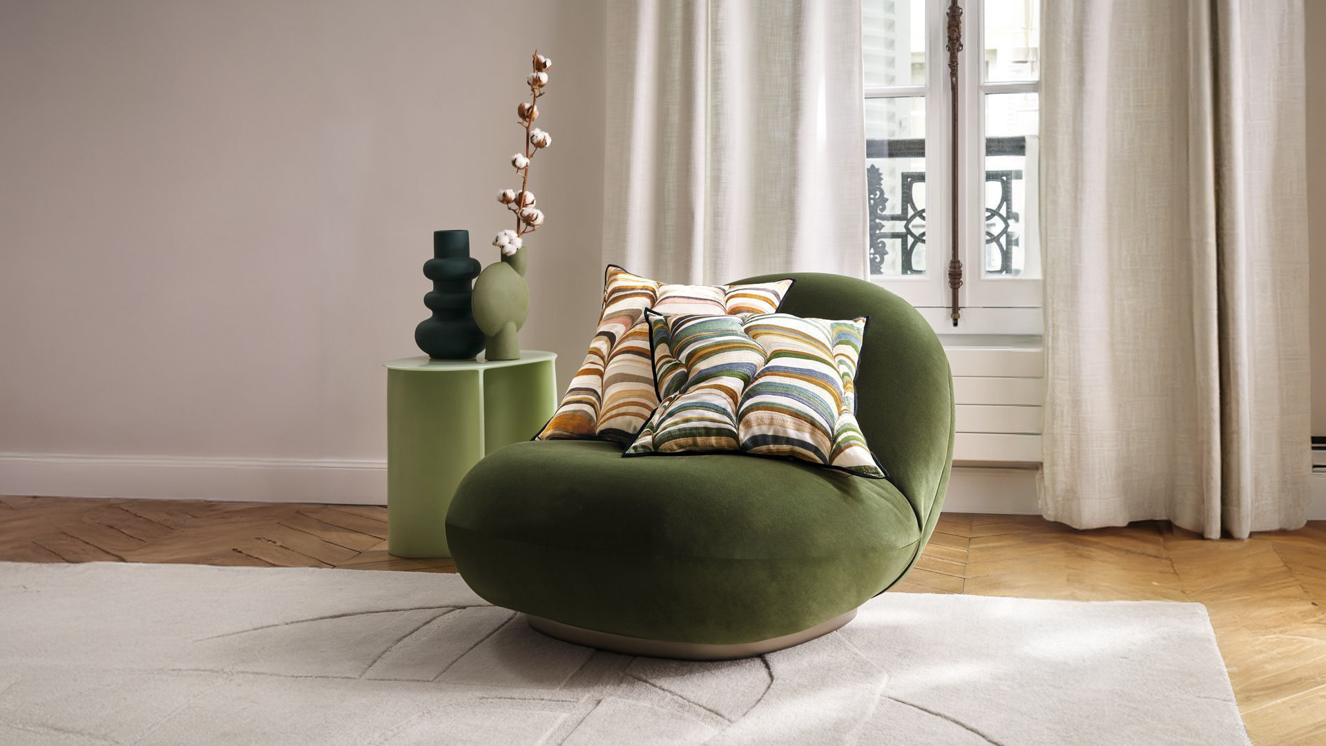 Coussin design, lin et coton, avec lignes, Strates