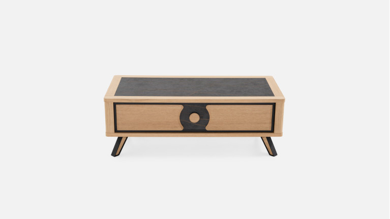 Table basse LOTUS | Bois naturel & plateau céramique veinée