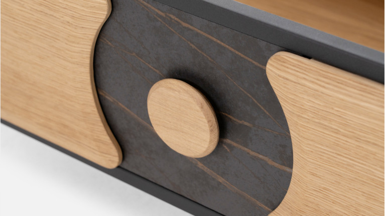 Table basse LOTUS | Bois naturel & plateau céramique veinée