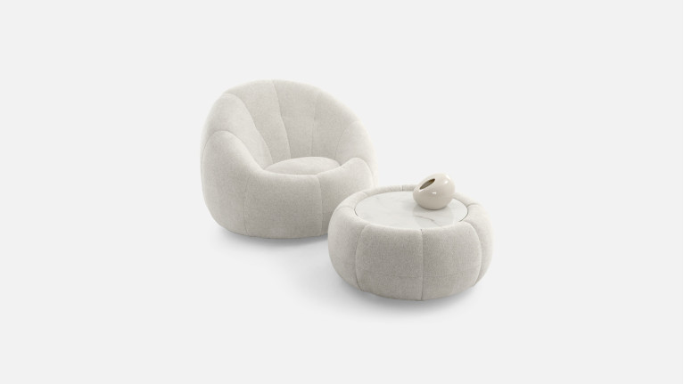 Pouf de salon design, rond avec plateau céramique, Joy