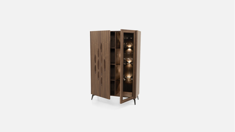 Vitrine OROS - Placage noyer naturel | Élégance sculptée et éclairage