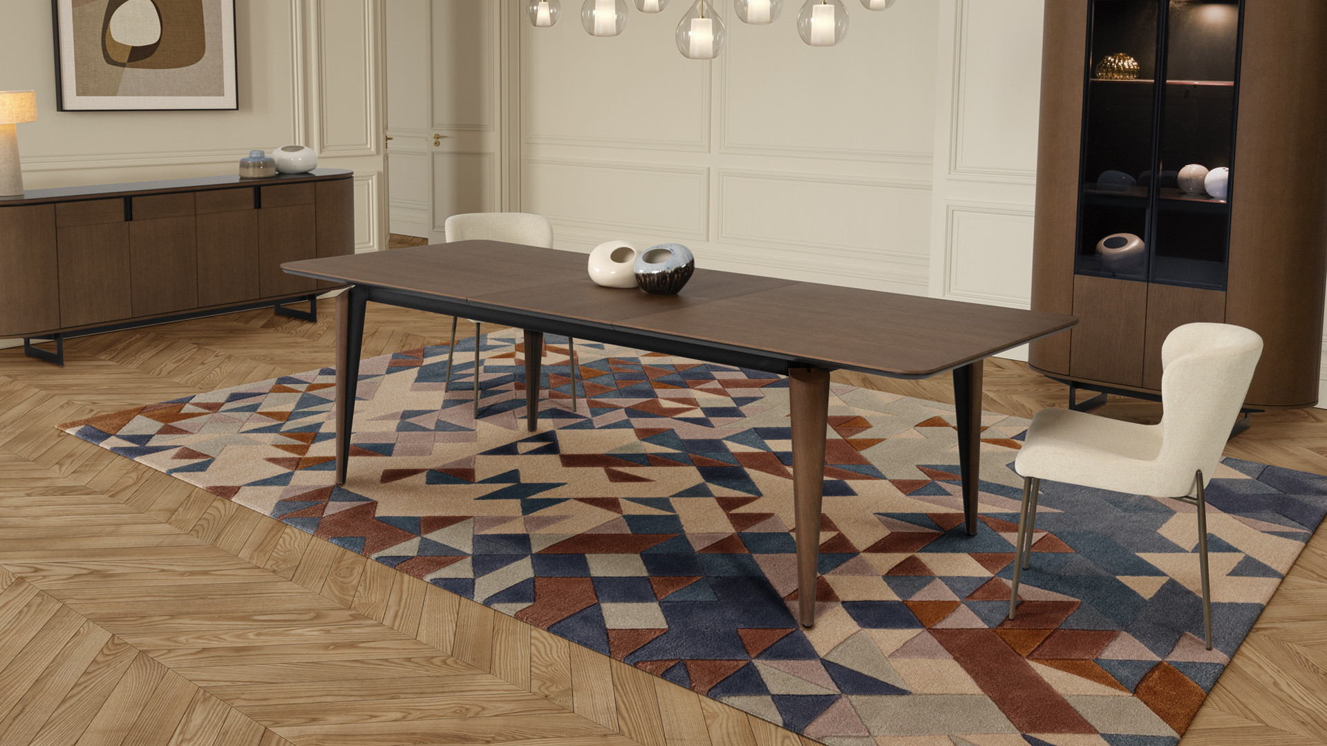 Table extensible COSMOS noyer | Allonge centrale et piètement frêne