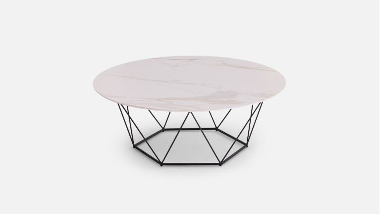 Table basse ronde ORION - Plateau céramique et piètement fer noir