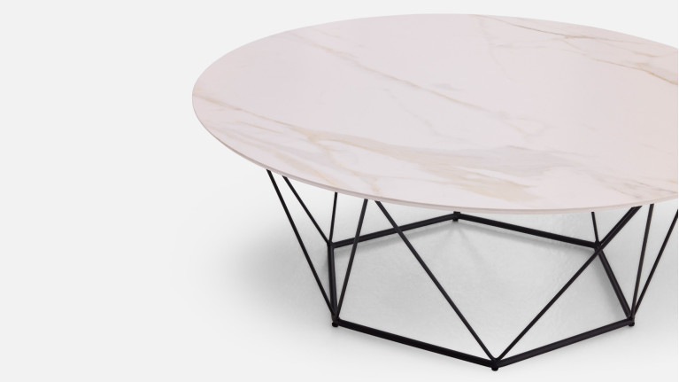 Table basse ronde ORION - Plateau céramique et piètement fer noir