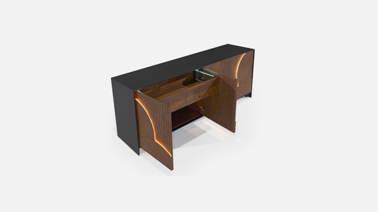 Buffet NEO EQUINOXE – Placage chêne, motifs rondins et éclairage LED