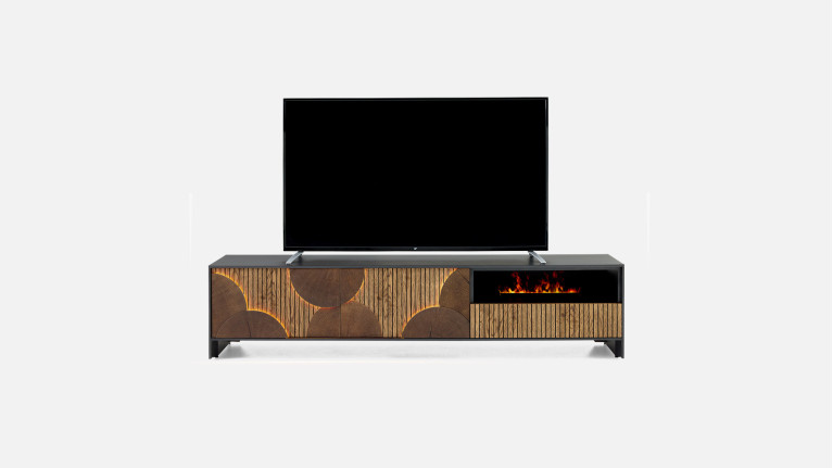 Meuble TV NEO EQUINOXE – Cheminée vapeur d'eau, placage chêne et LED