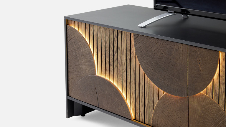 Meuble TV NEO EQUINOXE – Cheminée vapeur d'eau, placage chêne et LED