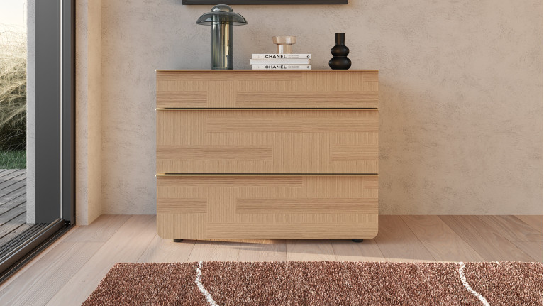 Commode 3 tiroirs MAJESTIC, chêne griffé et laiton mat