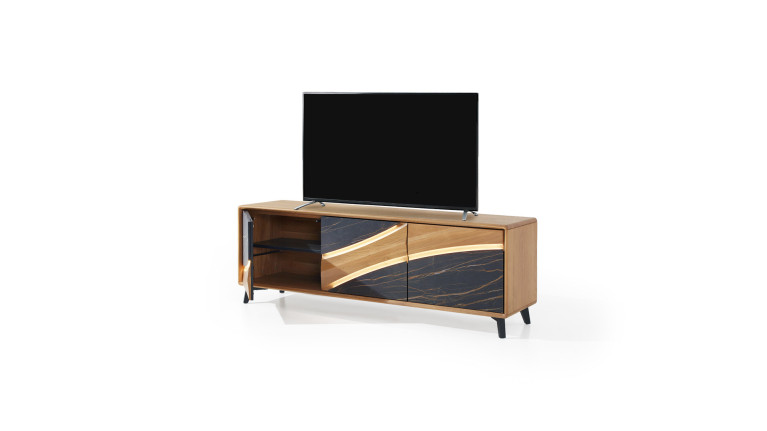 Meuble TV 3 portes CANYON | Bois et céramique marbrée