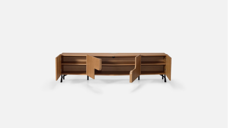 Meuble TV JADE avec rangements intégrés et piètement métal